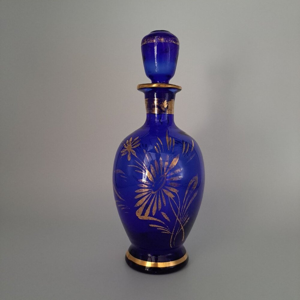 Vintage Cobalt Blue & Gold Glass Decanter With Floral Design